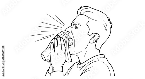 Man sneezing into tissue with hand raised toward face, showing expression of discomfort and urgency. Man sneezing emphasizes need for hygiene
