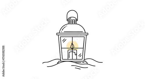 Lantern with candle glowing softly in snow, illuminating winter scene with warmth and charm. Candlelit lantern brings cozy atmosphere during cold months, enhancing winter celebrations and gatherings.