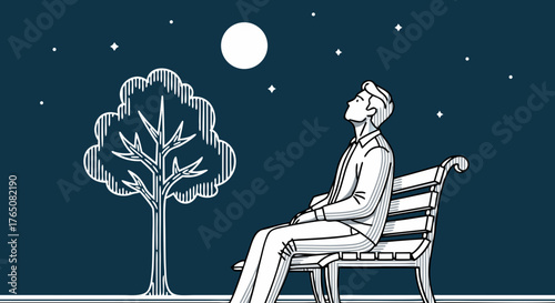 Man sitting outside at night beneath a starry sky, contemplative figure on bench gazing at bright moon. Outdoor scene captures tranquility and reflection of solitary moments.