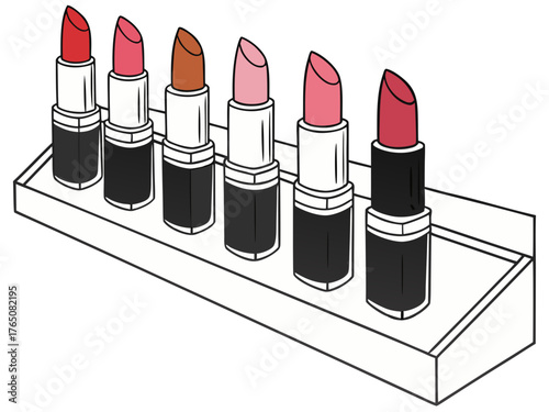 Lipstick collection displayed on shelf with vibrant colors and variety of shades including red, pink, and nude.