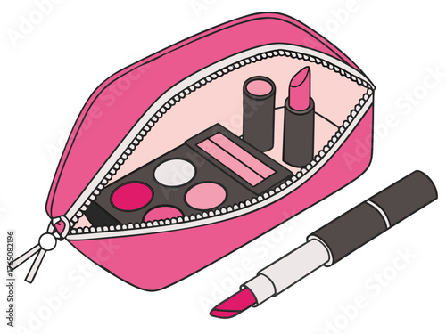 Makeup bag with various cosmetic products including lipsticks, eyeshadows, and blush in a stylish pink pouch. Makeup bag features essential beauty items for enhancing daily looks.