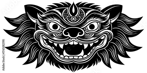 Dynamic lion dance costume head illustration with intricate details and bold features reflecting cultural heritage. Lion dance costume design showcases vibrant character and artistic expression