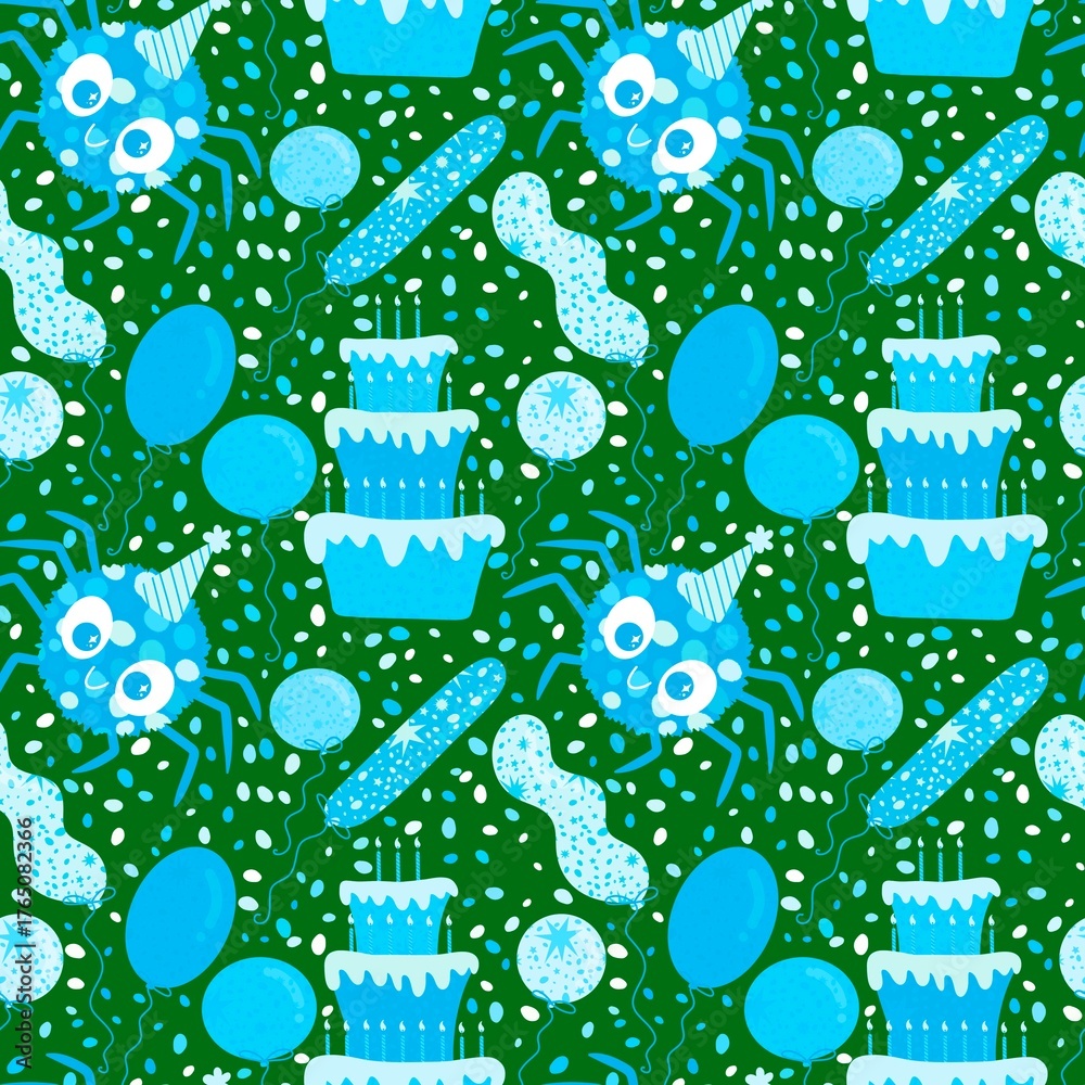 Fototapeta premium Birthday party seamless spider pattern for wrapping paper and fabrics and linens and kids clothes print