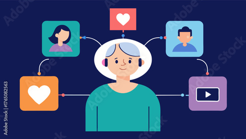 A caregiver using personalized playlists for their loved one with dementia as a way to connect and bond over shared memories and emotions.. Vector illustration