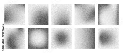 Set of black dot grain stipple noise vector backgrounds creating gradient texture. Abstract square frames for web banners and posters.