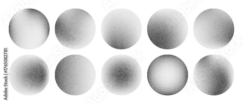 Collection of halftone gradient dotted circles. Abstract speckled texture graphic for geometric shape design element background.