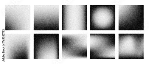 Dot grain stipple noise vector gradient background set. Black and white grainy halftone texture collection. Modern abstract pattern element for cover design and overlay.