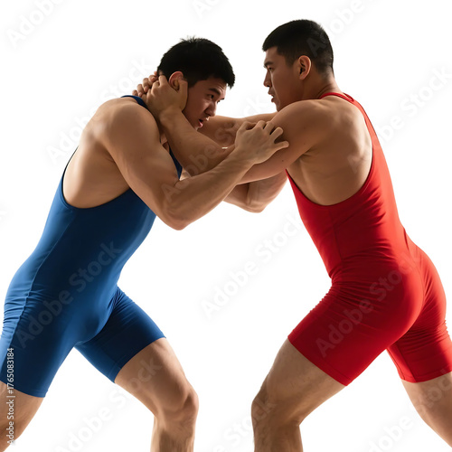 Two wrestlers in colorful singlets are locked in a physical and competitive wrestling match.