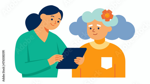 A caregiver helping a person with dementia or Alzheimers disease use a tablet to engage in interactive memory activities.. Vector illustration