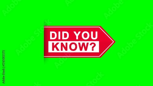 Did You Know red label appearing on a green screen background with chroma key effect. Motion graphics for educational videos, fun facts, and social media awareness content.
