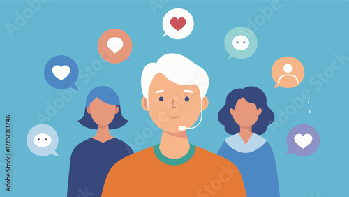 A person with dementia surrounded by loved ones with the phone number for a support hotline visible in the background emphasizing the importance of building a strong support. Vector illustration