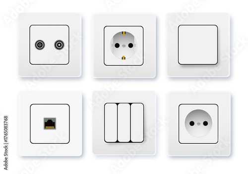 Realistic socket and switch. Interior wall outlets or electric connectors. Switches and sockets set Different square types. Vector