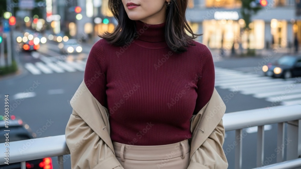 Fototapeta premium 夜の都会で欄干に寄りかかるワインレッドのニットの女性