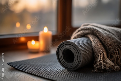 A serene indoor scene with a rolled yoga mat, cozy blanket, and glowing candles by a window.