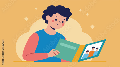 A person flipping through an old photo album experiencing a sense of joy and nostalgia while recalling memories from their youth.. Vector illustration