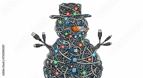 Christmas a snowman made of tangled computer cables and connectors decorated with christmas lights and usb ports
