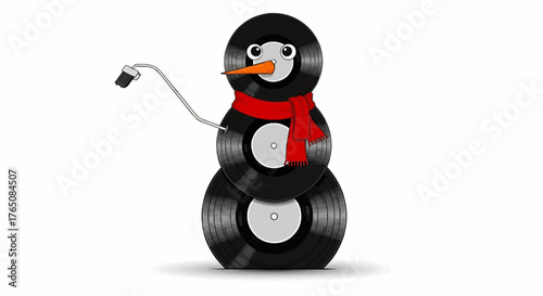 Christmas illustration of a snowman made of vinyl records with a red scarf and a turntable arm as an arm