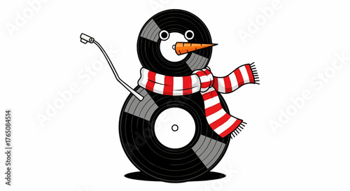 Christmas a whimsical snowman made of vinyl records wearing a red and white striped scarf and carrot nose design