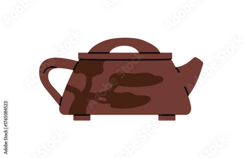 Ornamented tea infuser, ceramic pot to brew herbs or coffee. Clay kettle for preparing hot drinks. Pottery teapot for making herbal beverages. Flat isolated vector illustration on white background