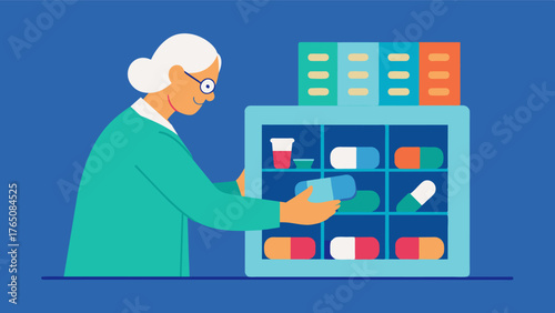 A home health aide setting up a pill organizer with different compartments for each day of the week to help a patient manage their medications.. Vector illustration