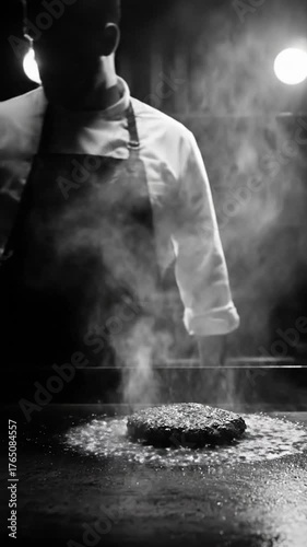 Chef Pressing Juicy Beef Patty on Hot Grill for Smash Burger black and white video. vertical footage