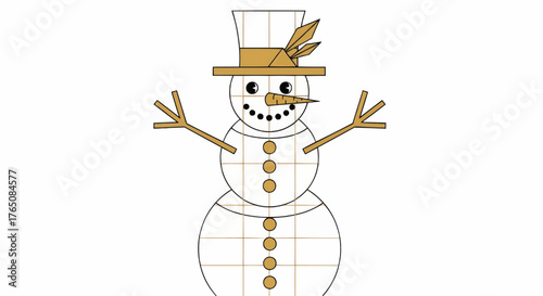 Christmas illustration of a snowman with a hat, carrot nose, twig arms, and button details on a white background