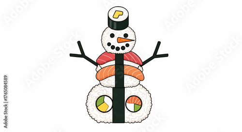 Christmas illustration of a sushi snowman with nori seaweed and rice rolls on a white background