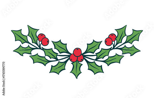 Christmas holly branch with green leaves and red berries with outline. Decorative vector illustration for greeting card, invitation