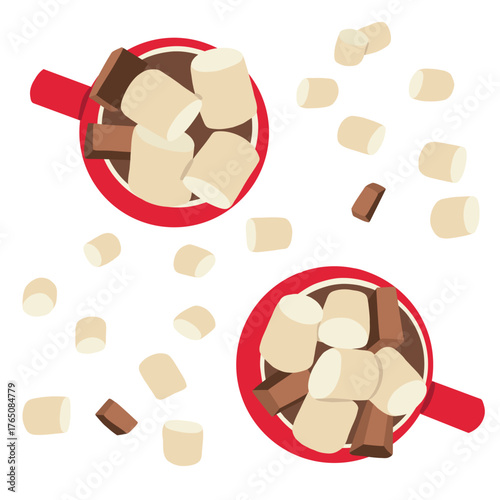 Two red mugs of hot cocoa with marshmallows and chocolate isolated on white background, top view. Christmas season drink doodle illustration