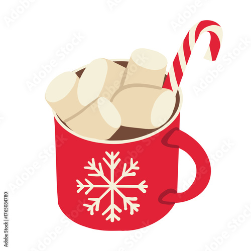 Red mug of hot chocolate with marshmallows isolated on white background. Christmas season drink doodle illustration