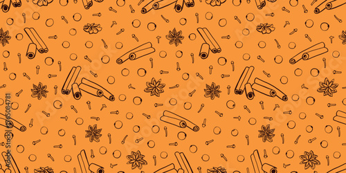 Spices seamless pattern with cinnamon, star anise, cloves, pepper, and berries in doodle style. Drink vector background, texture for seasonings, food additives, and spices.
