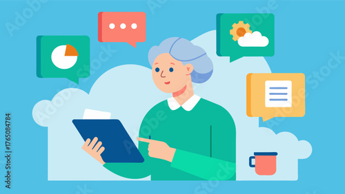 A home health aide using visual aids and memory prompts to help a patient with memory loss complete their daily routine.. Vector illustration