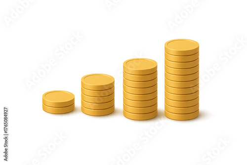 Minimalist 3D Gold Coins Stack in Ascending Order with Soft Shadow on Transparent Background