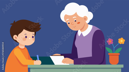 A grandson taking notes as his grandmother shares her final wishes for her belongings and final arrangements.. Vector illustration
