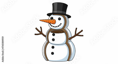 Christmas illustration of a snowman with a black top hat carrot nose and stick arms on a white background