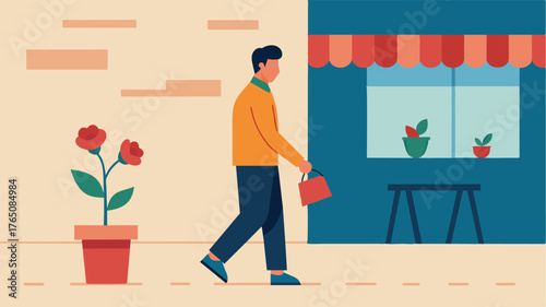 A man walking by a flower shop is overcome with nostalgia as the sweet scent of roses reminds him of his first date with his nowwife.. Vector illustration