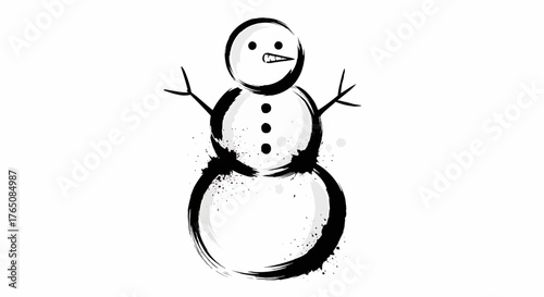 Christmas stylized snowman illustration with brush stroke effect and simple facial features on a white background