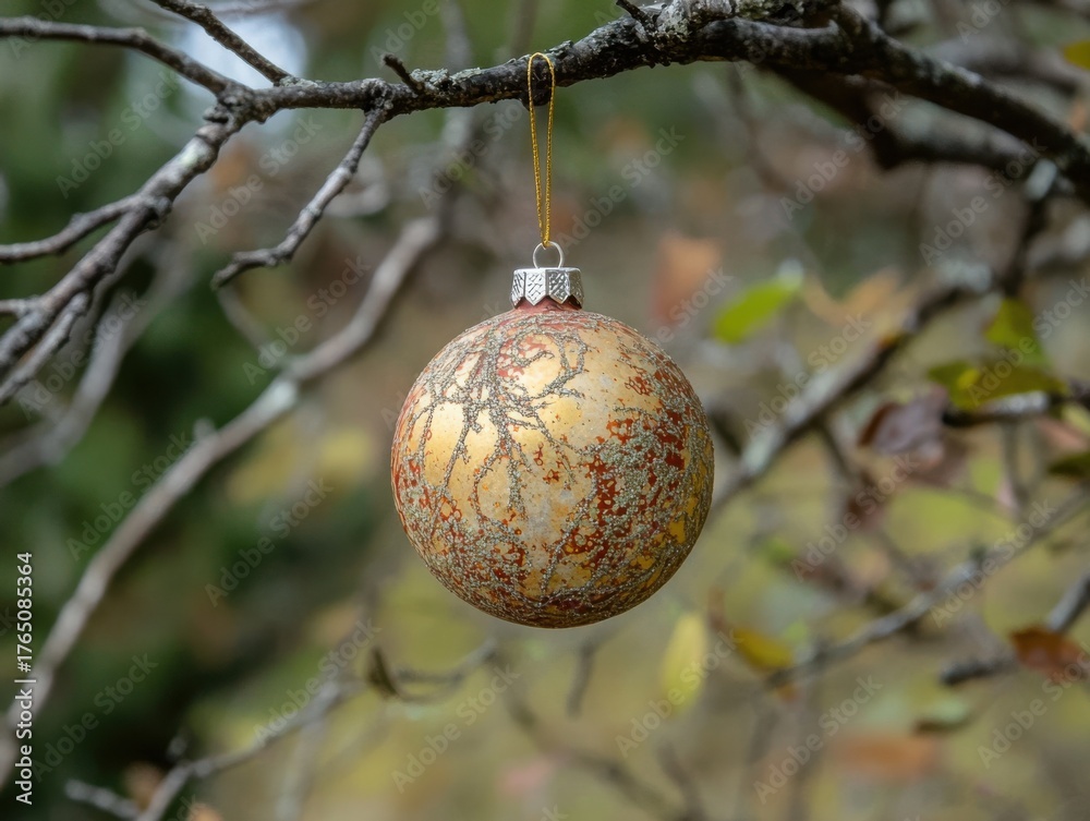 Obraz premium A textured golden Christmas ornament with intricate patterns hangs from a stark tree branch against a blurred natural background.