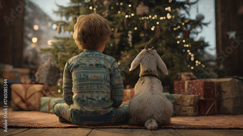 un niño pequeño junto a una cabra o chivo pequeño sentados en una alfombra frente al arbol de navidad y regalos navideños para la celebracion de navidad 