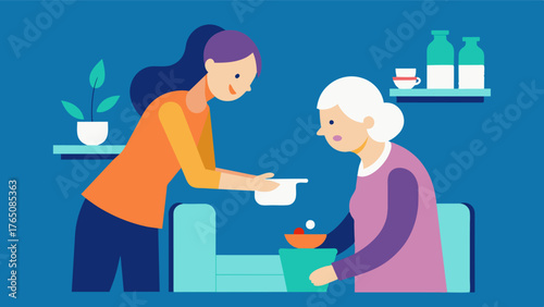 A home care professional assisting an elderly woman with daily tasks and household chores helping to reduce stress and improve mental wellbeing.. Vector illustration