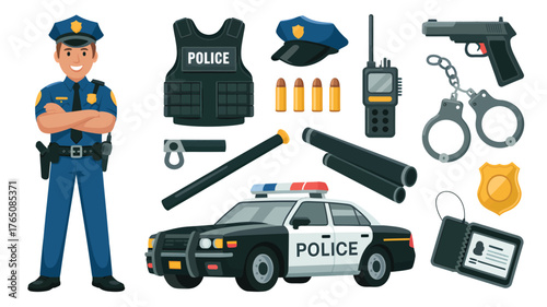Police officer and equipment vector illustration including car gun handcuffs and uniform isolated on white background