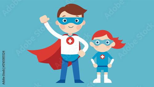 A therapy doll dressed in a superhero costume providing a sense of empowerment and strength as a child with chronic illness holds onto it during a difficult medical procedure.. Vector illustration