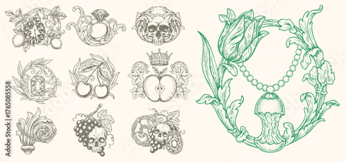 Vintage engraving of ornate baroque frames with skulls, gems, fruits, crowns, and floral decorative elements.
