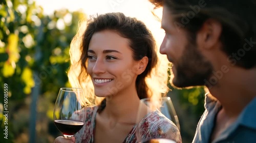 Couple enjoying wine tasting tour at vineyard, sunlight and vineyards in background, elegance and laughter, sensory experience, lifestyle leisure, romantic moment, cultural joy, wi