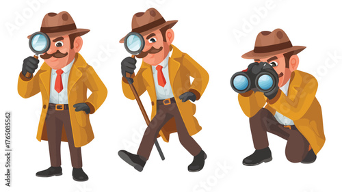 Cartoon detective character set in various poses including using a magnifying glass and binoculars vector illustration on white background