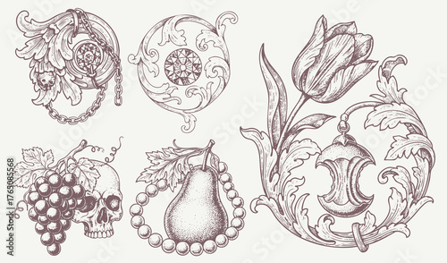Vintage engraving of ornate baroque frames with skulls, gems, fruits, crowns, and floral decorative elements.