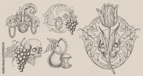 Vintage engraving of ornate baroque frames with skulls, gems, fruits, crowns, and floral decorative elements.