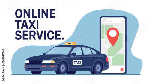 Online taxi service vector illustration car and smartphone with map concept for mobile app design