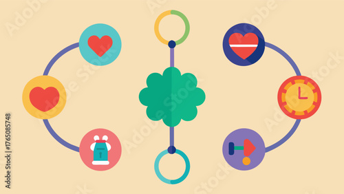 A set of bracelets with interchangeable charms each representing different tactics for maintaining good brain health such as exercise healthy eating and socialization.. Vector illustration