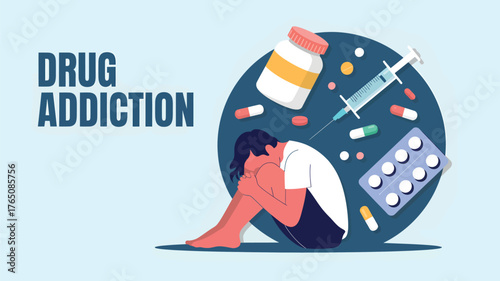 Drug addiction vector illustration depicting a person struggling with substance abuse suitable for awareness campaigns and educational materials